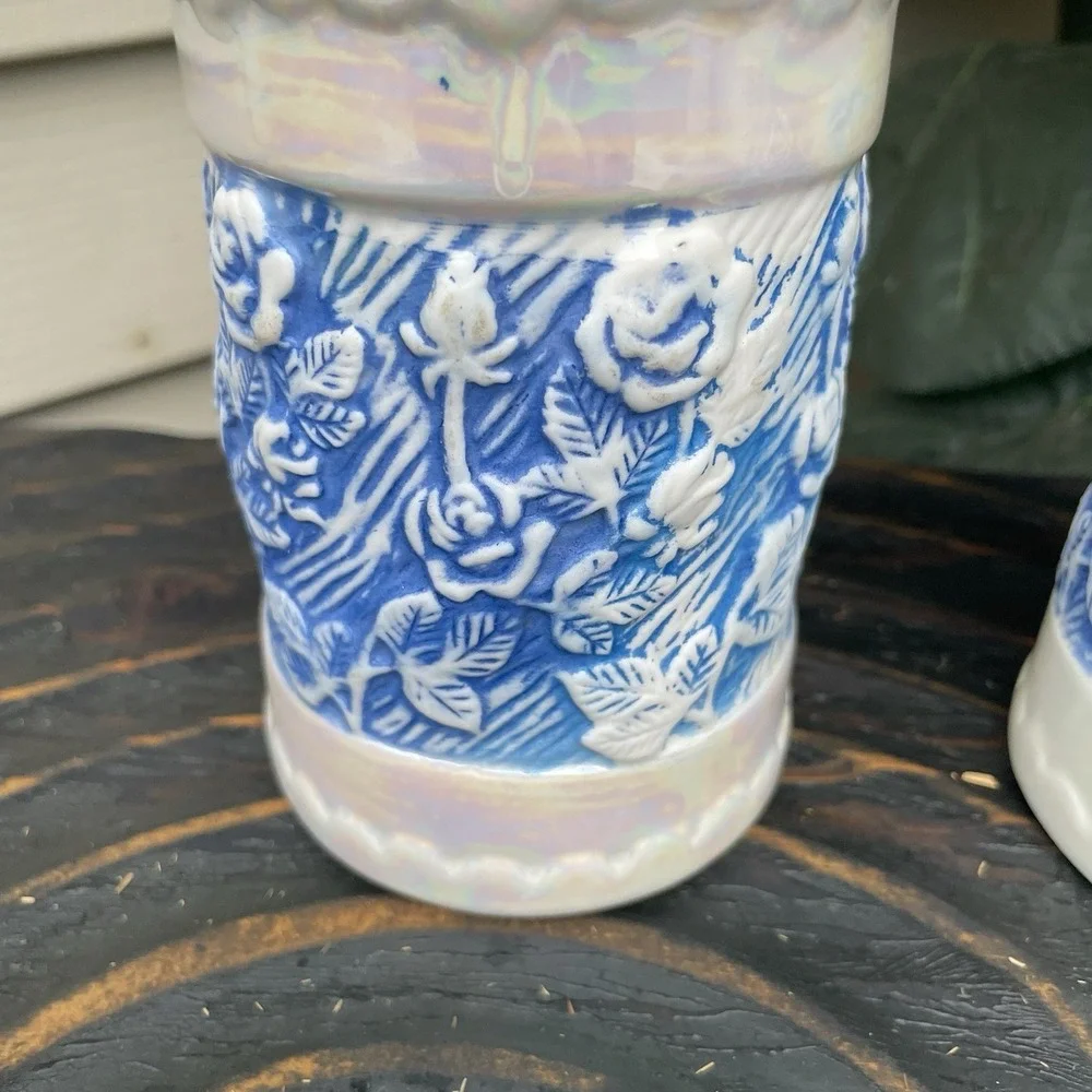 Blue White Lusterware Ceramic Bathroom 3pc. Set Soap Toothbrush Dish Holder